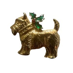 Vtg Scotty Dog with Holly Leaf Collar Gold Tone Rhinestone Brooch Pin